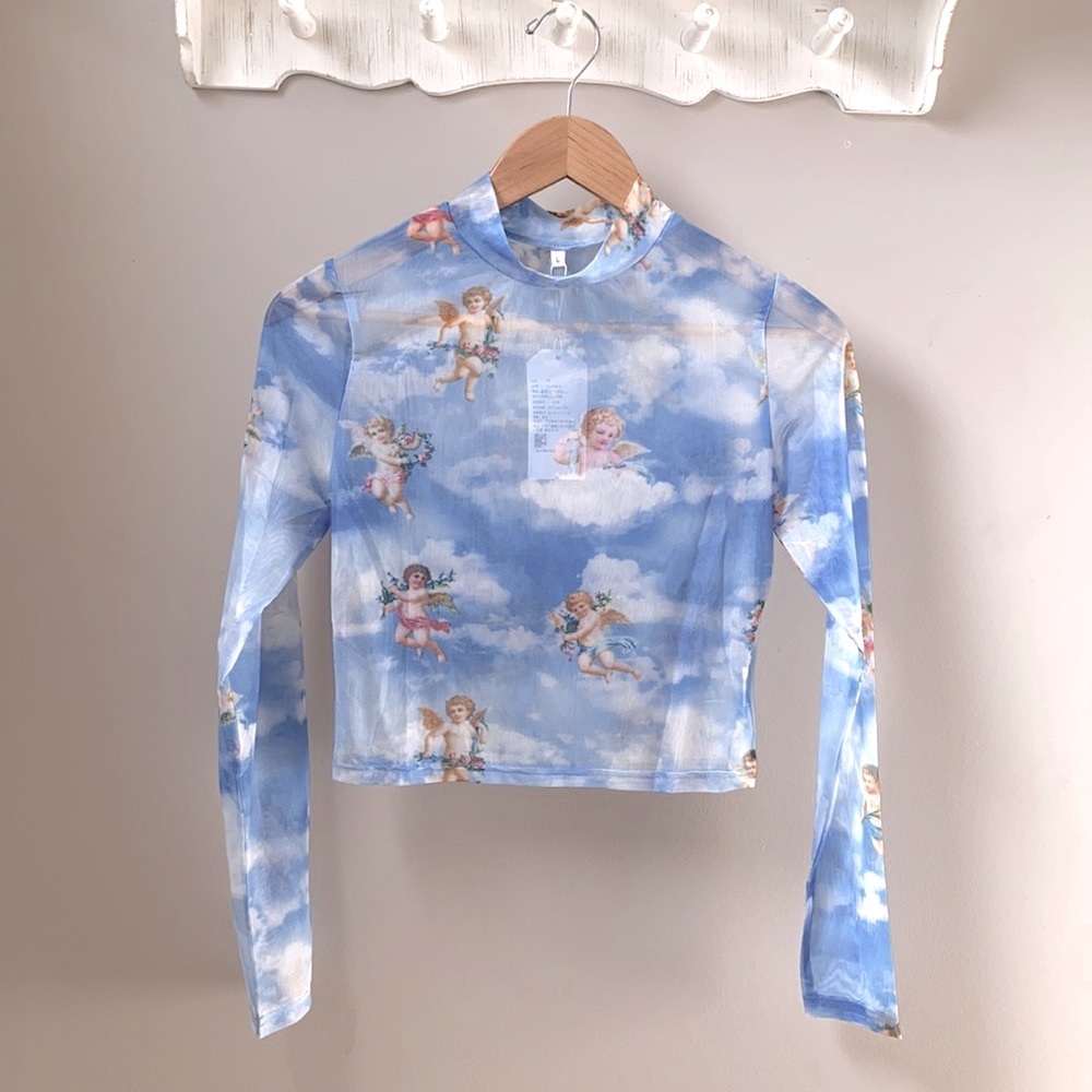 Floral Cherub Long Sleeve Crop Top  ~ Brand New - Picture 3 of 9